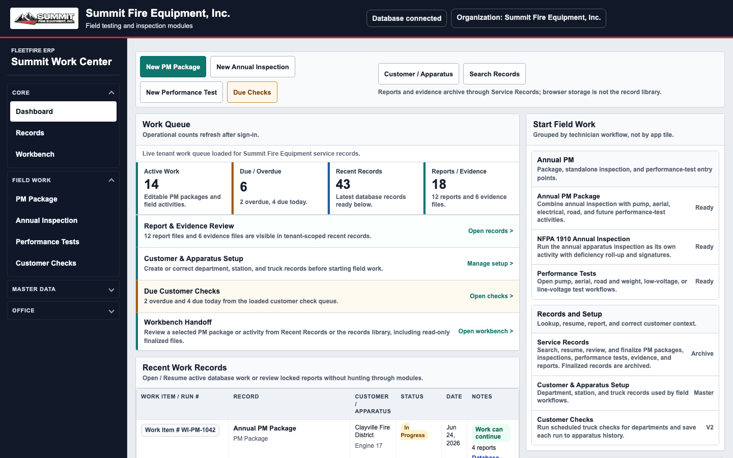 FleetFire dashboard showing modules, recent work, and fleet snapshot metrics