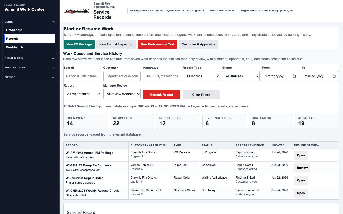 FleetFire Customer and Apparatus screen showing unit details and service history
