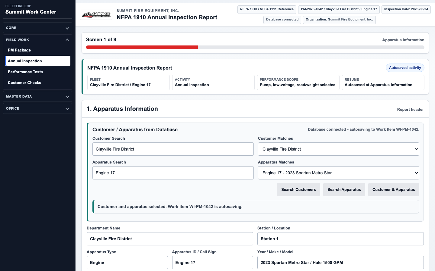 FleetFire annual PM workflow showing technician prompts, report data, and bottom navigation controls